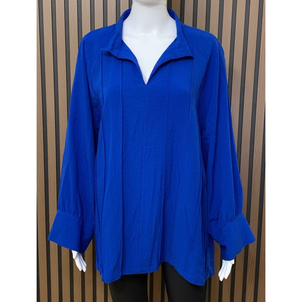 John Mark Royal Blue Blouse Plus Size 1X Long Sleeve Split Neck Lagenlook